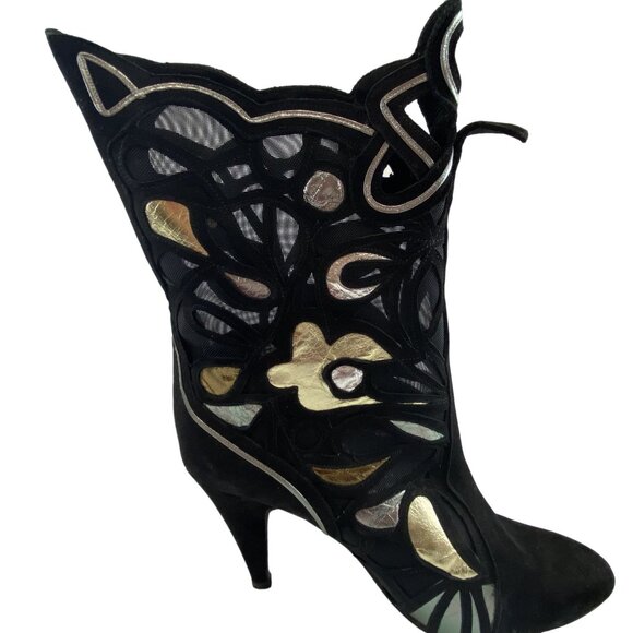 VNTG Sacha London Boho Chic 80s Metallic Mesh Goth Witchy Suede 3" Heels Boot 9B - Picture 15 of 15